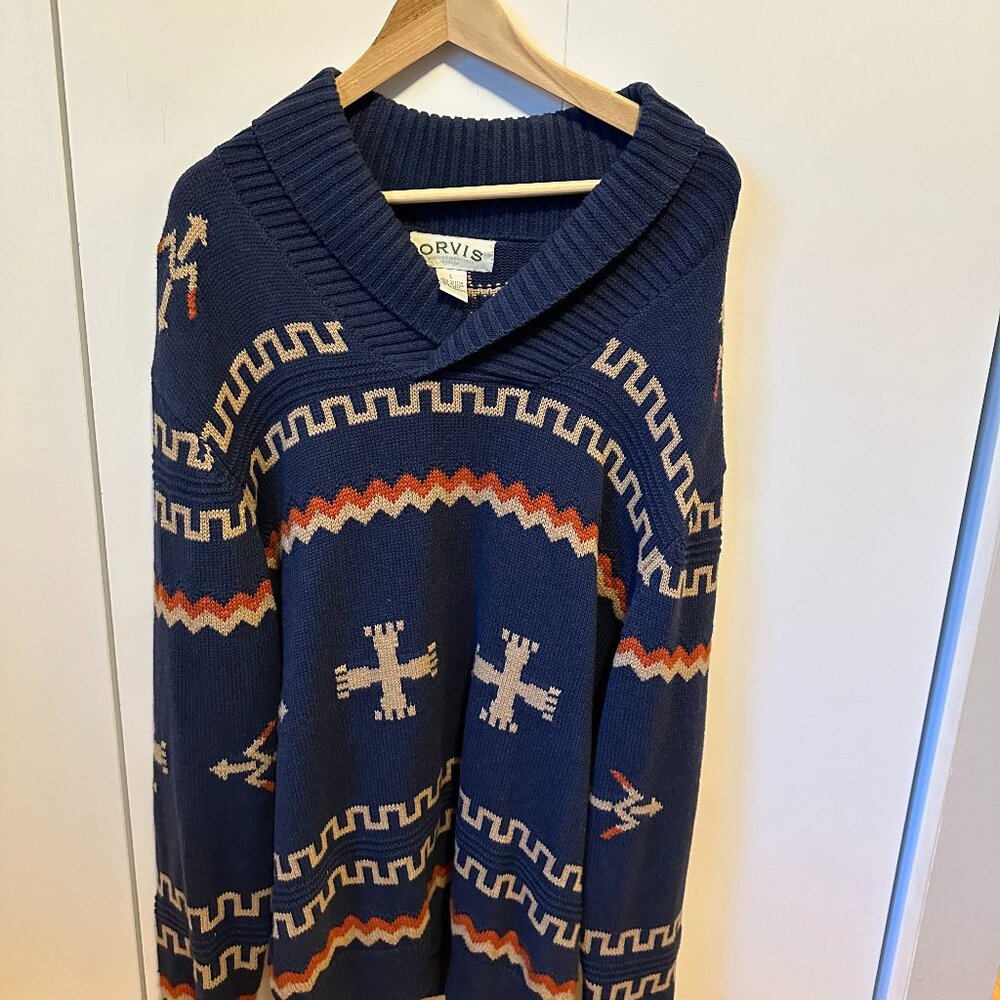 COPY - Orvis Southwest Aztec Shawl Collar Heavyknit Blue Ornate Sweater - Men’s…